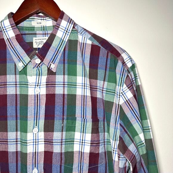 J.Crew Mens Slim Fit Plaid Shirt XL Green Red Blue Button Down Cotton Casual - Picture 1 of 7